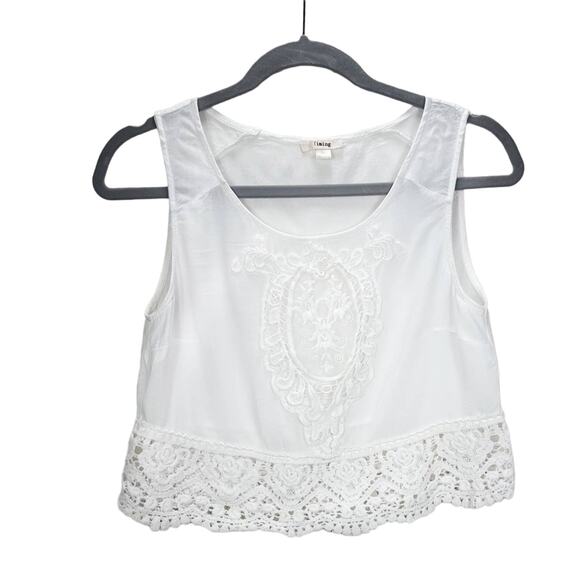 Timing Tops - Timing Embroidered Women's Crop Top Lace Hem Sleeveless Shirt White M.